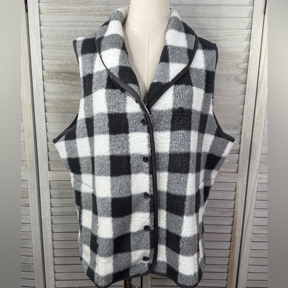OLD RANCH Women's Buffalo Plaid Shawl Collar Cozy Fleece Vest Gray/White-XXL